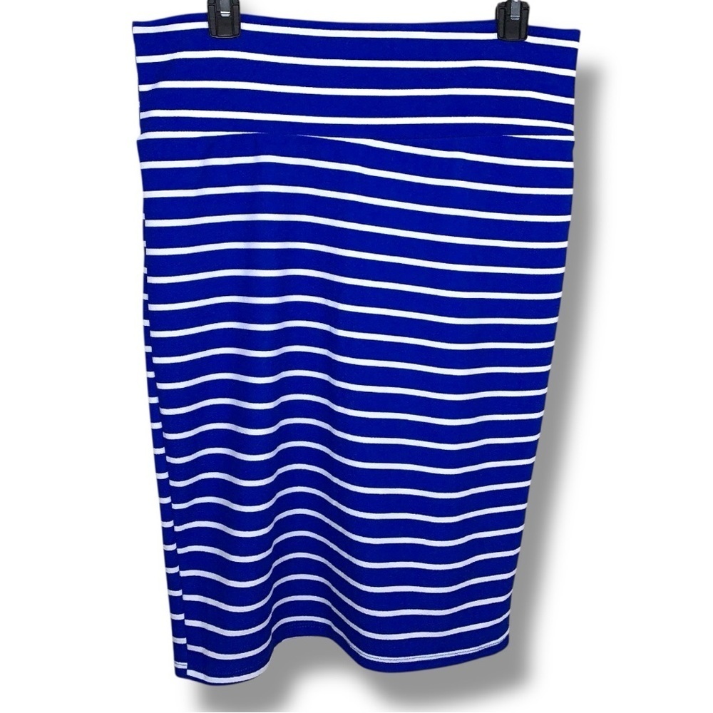 Large LuLaRoe Blue White Striped Pencil Skirt Stretch Pull On Nautical Pinup